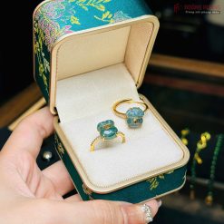Nhẫn Túi Tiền Lam Ngọc Jade A bọc Vàng 10K